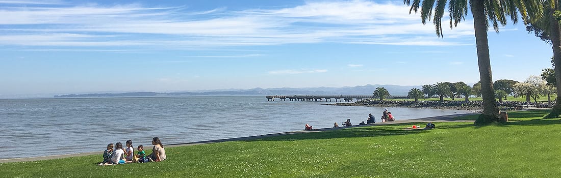 Families enjoying time on the grass around the bay.